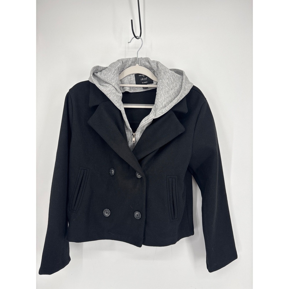 Iris Los Angeles Cropped Pea Coat Medium Black Double Breasted Dickie Hoodie